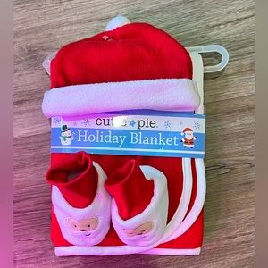 NWT, Cutie Pie Holiday Santa Blanket + Booties + Hat Set, Baby Christmas